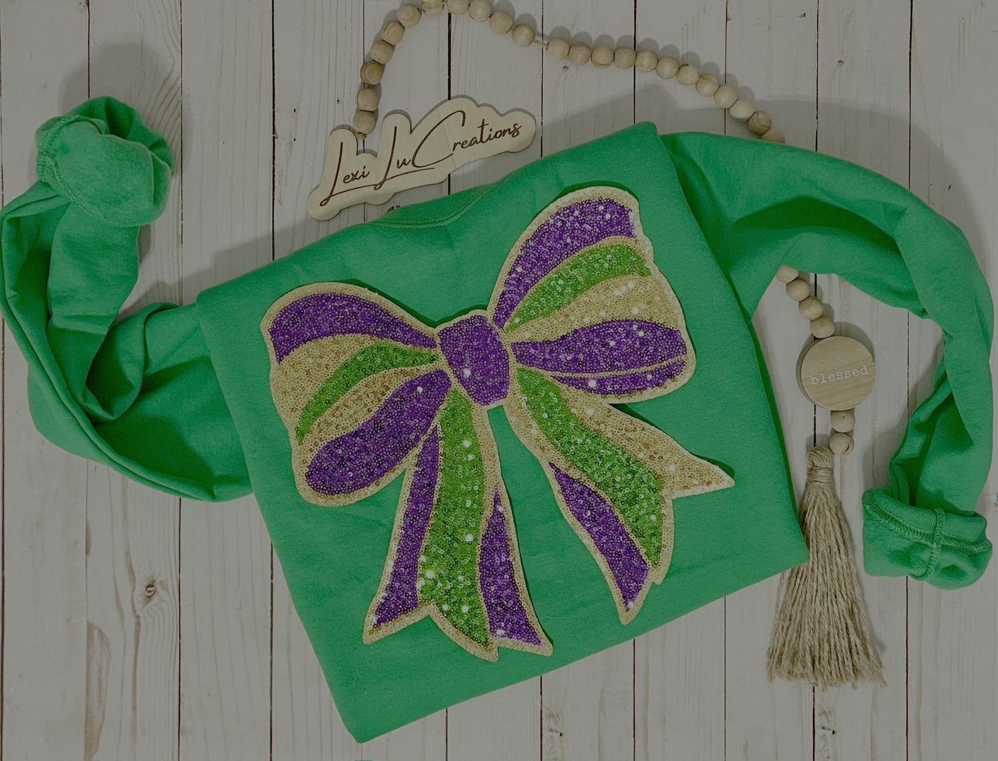 Mardi Gras Bow Sequin Iron On Patch| Shirt Patches | Louisiana | Purple, Gold, and Green