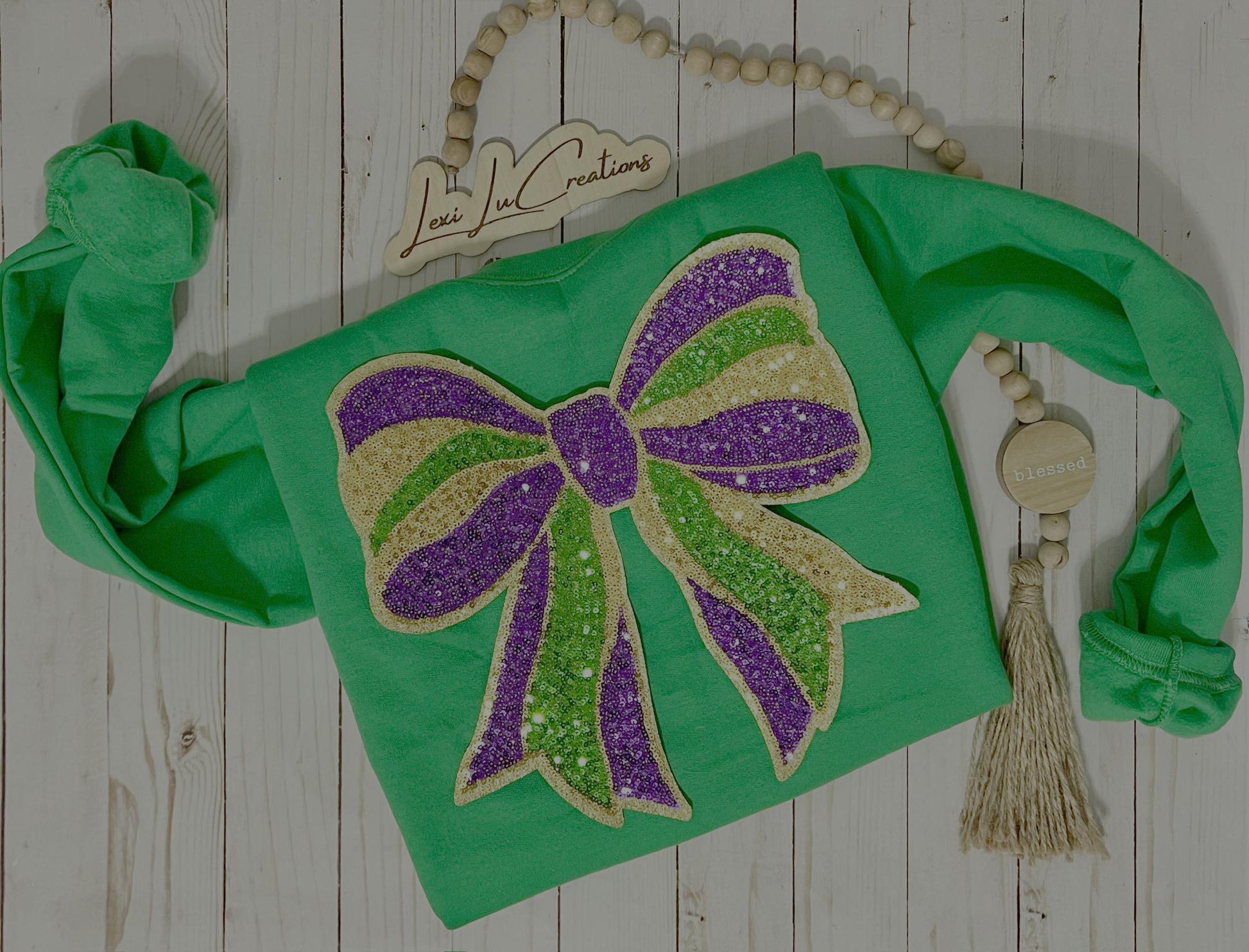 Mardi Gras Bow Sequin Iron On Patch| Shirt Patches | Louisiana | Purple, Gold, and Green