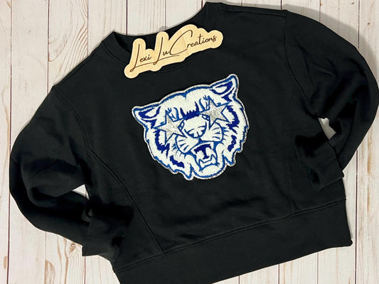 Youth WILDCAT Mascot Patch Sweatshirt | Blue and White Chenille Patch | Preppy Wildcats | Kentucky Patch