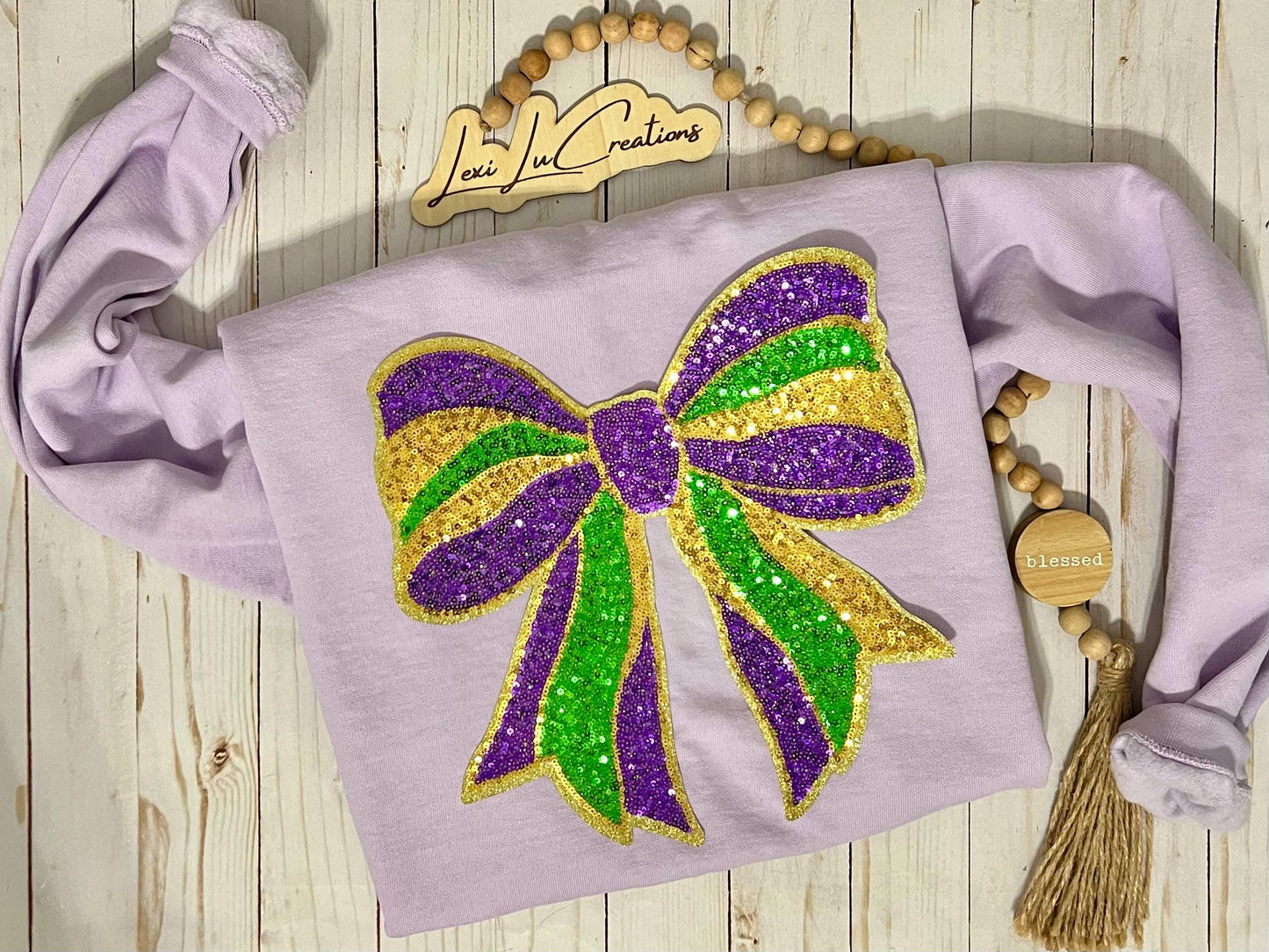 Mardi Gras REAL Sequin Bow Patch Shirt | Coquette Mardi Gras Iron on Patch Sweatshirt | Louisiana Patch Apparel | Carnival Season
