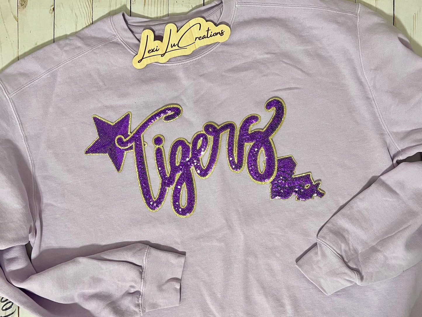 Tigers REAL Sequin Patch Shirt | GEAUX tigers Iron on Patch Sweatshirt | Louisiana Patch Apparel | LSU