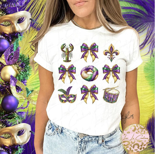 Mardi Gras Coquette Shirt | Bow | Louisiana | King Cake | Fleur de Lis | Crewneck Sweatshirt | Short Sleeve T-Shirt