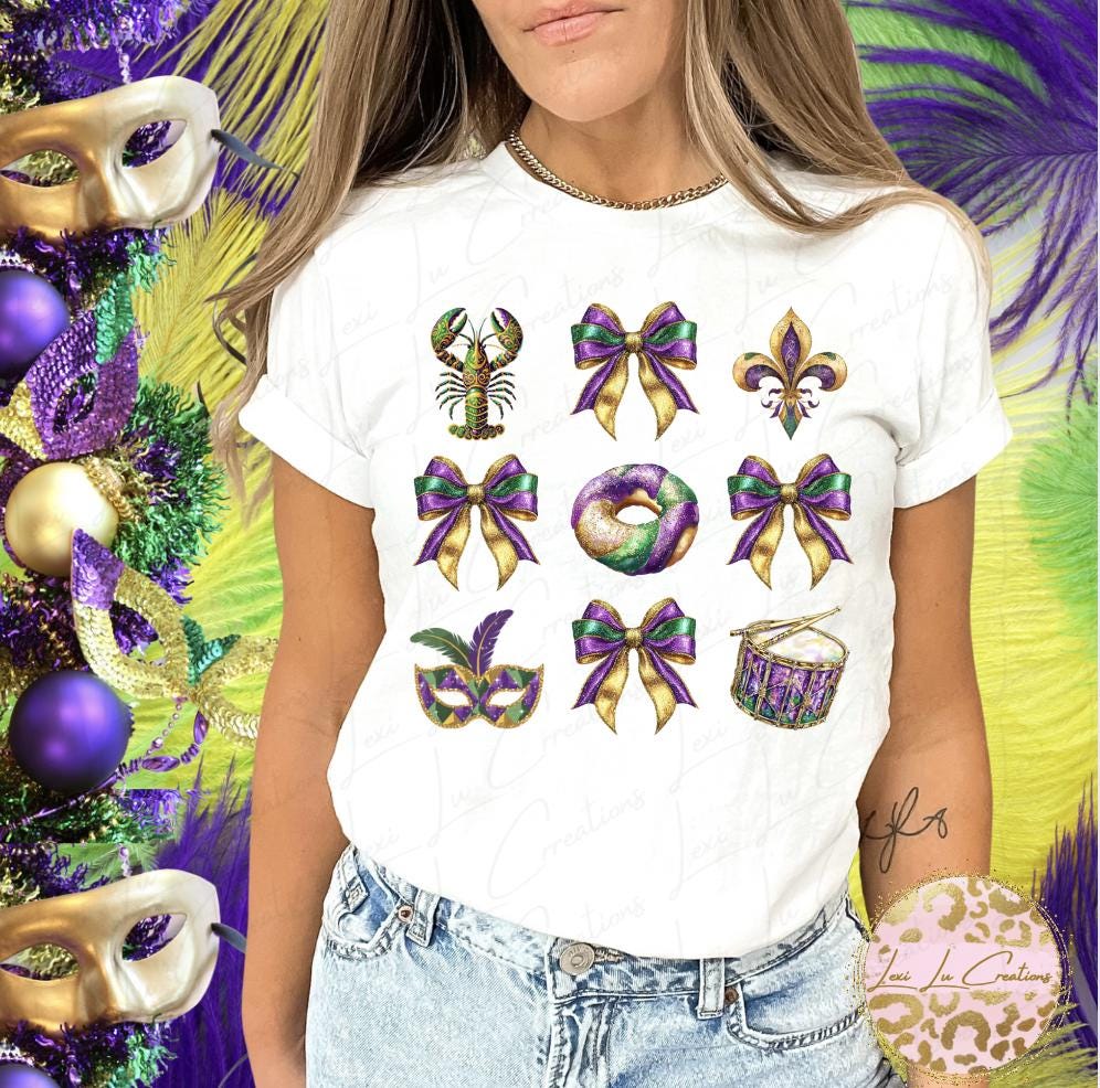 Mardi Gras Coquette Shirt | Bow | Louisiana | King Cake | Fleur de Lis | Crewneck Sweatshirt | Short Sleeve T-Shirt