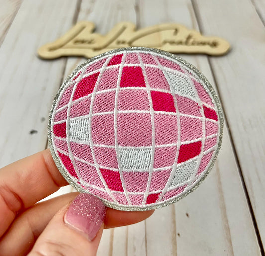 Pink Disco Ball Embroidered and Glitter Iron On Patch | Hat Patches