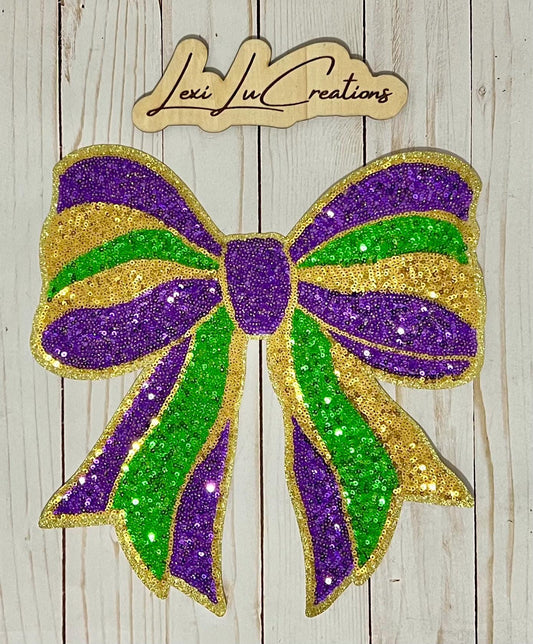 Mardi Gras Bow Sequin Iron On Patch| Shirt Patches | Louisiana | Purple, Gold, and Green