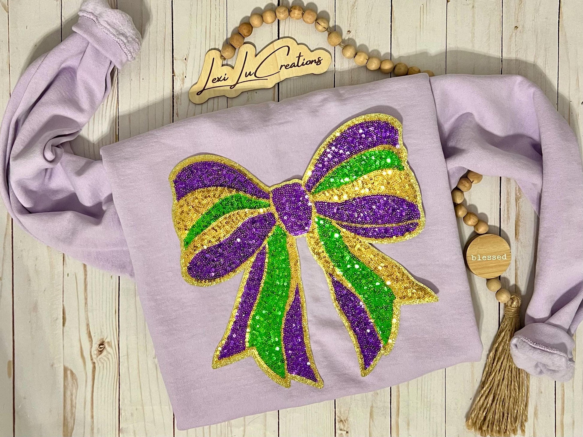 Mardi Gras Bow Sequin Iron On Patch| Shirt Patches | Louisiana | Purple, Gold, and Green