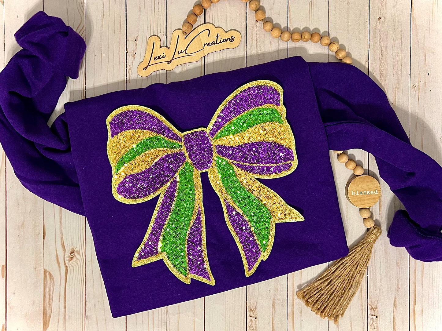 Mardi Gras REAL Sequin Bow Patch Shirt | Coquette Mardi Gras Iron on Patch Sweatshirt | Louisiana Patch Apparel | Carnival Season