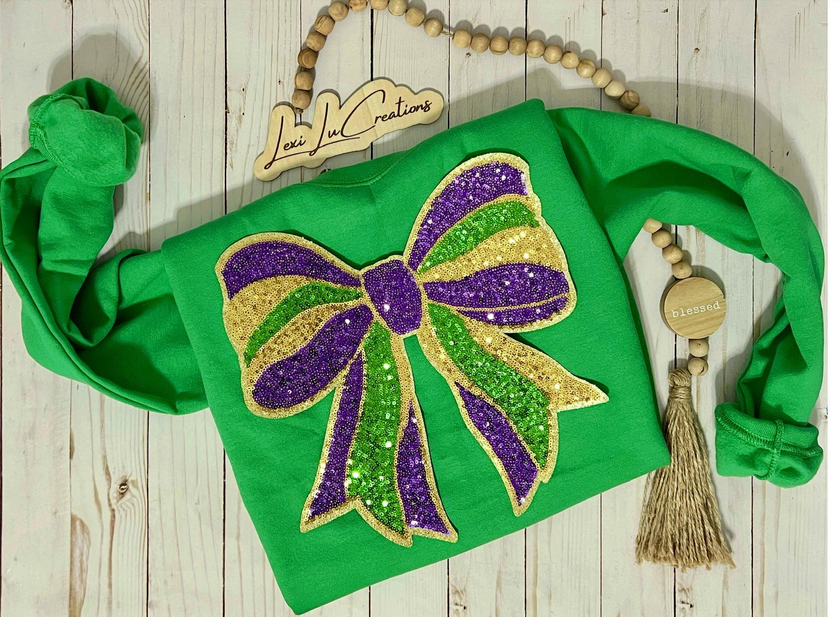 Mardi Gras REAL Sequin Bow Patch Shirt | Coquette Mardi Gras Iron on Patch Sweatshirt | Louisiana Patch Apparel | Carnival Season