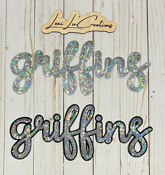 GRIFFINS Iron On Sequin Patch | Mascot Sequin Patch | Black or Silver Glitter Boarder