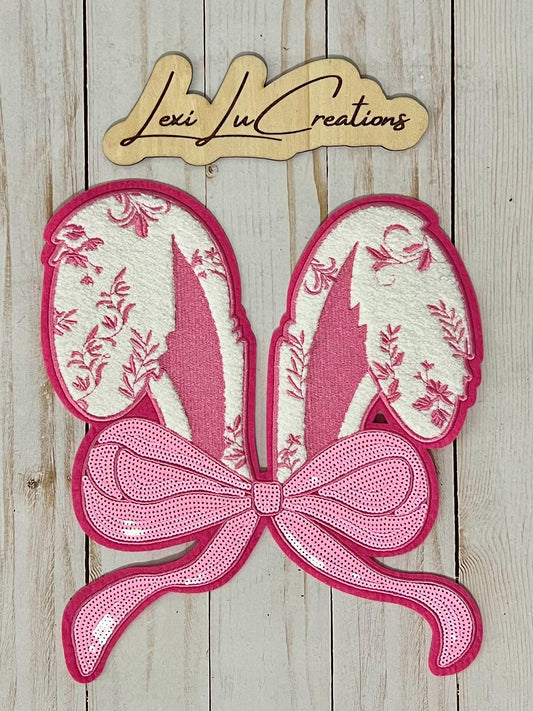 Pink Coquette Easter Bunny Ears Floral Print Chenille and Sequin Iron On Patch| Shirt Patches | Rabbit | Easter Shirt