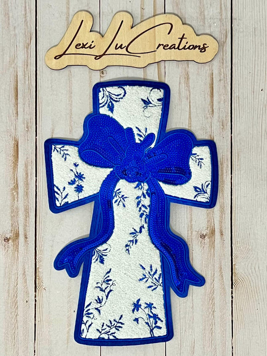 Blue Coquette Easter Cross Floral Print Chenille and Sequin Iron On Patch| Shirt Patches | Rabbit | Easter Shirt | Bunny