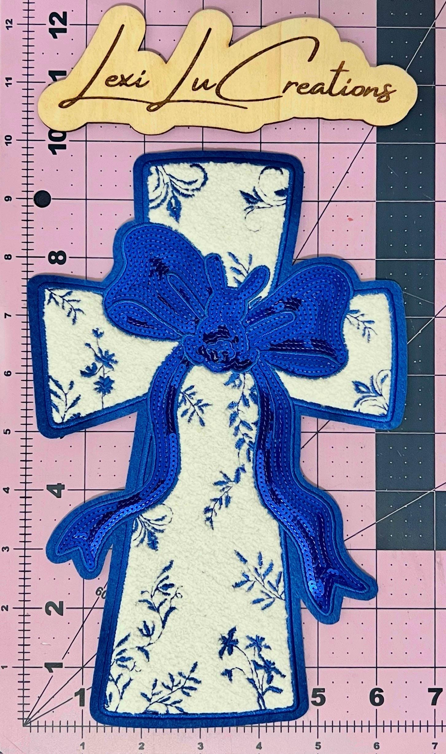 Blue Coquette Easter Cross Floral Print Chenille and Sequin Iron On Patch| Shirt Patches | Rabbit | Easter Shirt | Bunny