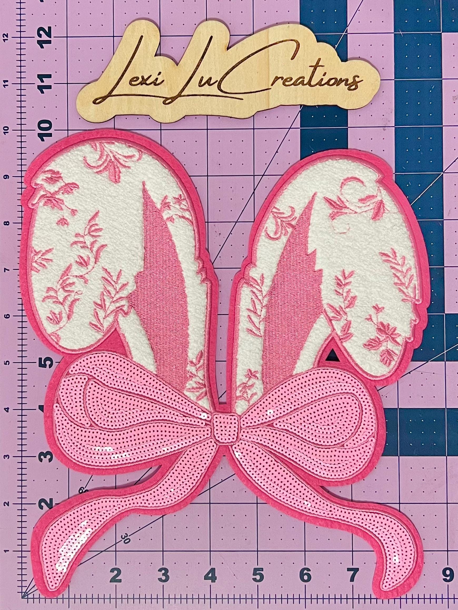 Pink Coquette Easter Bunny Ears Floral Print Chenille and Sequin Iron On Patch| Shirt Patches | Rabbit | Easter Shirt