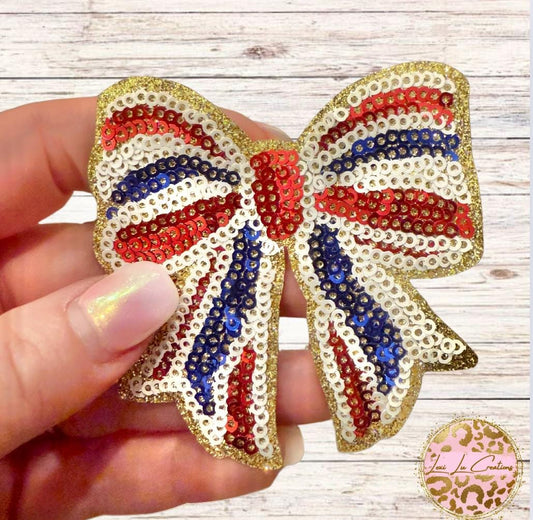 Red White and Blue Bow Iron On Patch| Coquette Hat Patches | 4th of July Patch | USA | Sequin Patch