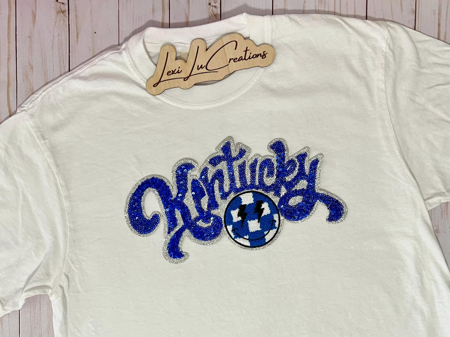 Kentucky Sequin Patch Adult and Youth Shirt | White and Blue Sequin and Chenille Patch | Wildcats | Kentucky | UK