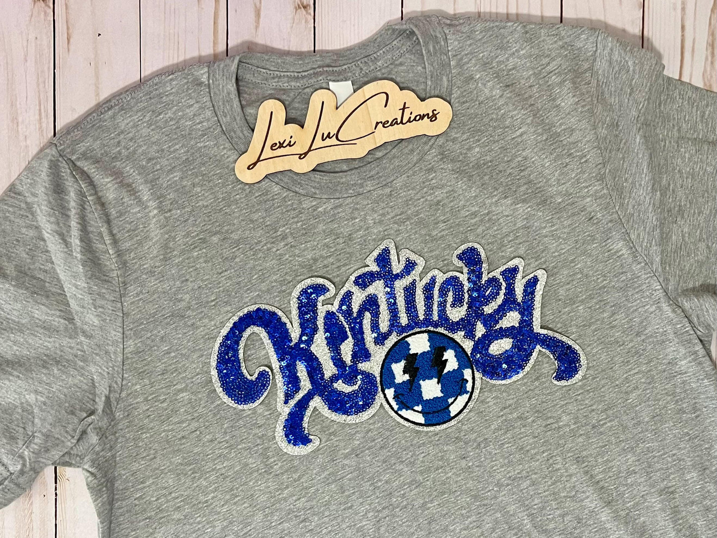 Kentucky Sequin Patch Adult and Youth Shirt | White and Blue Sequin and Chenille Patch | Wildcats | Kentucky | UK