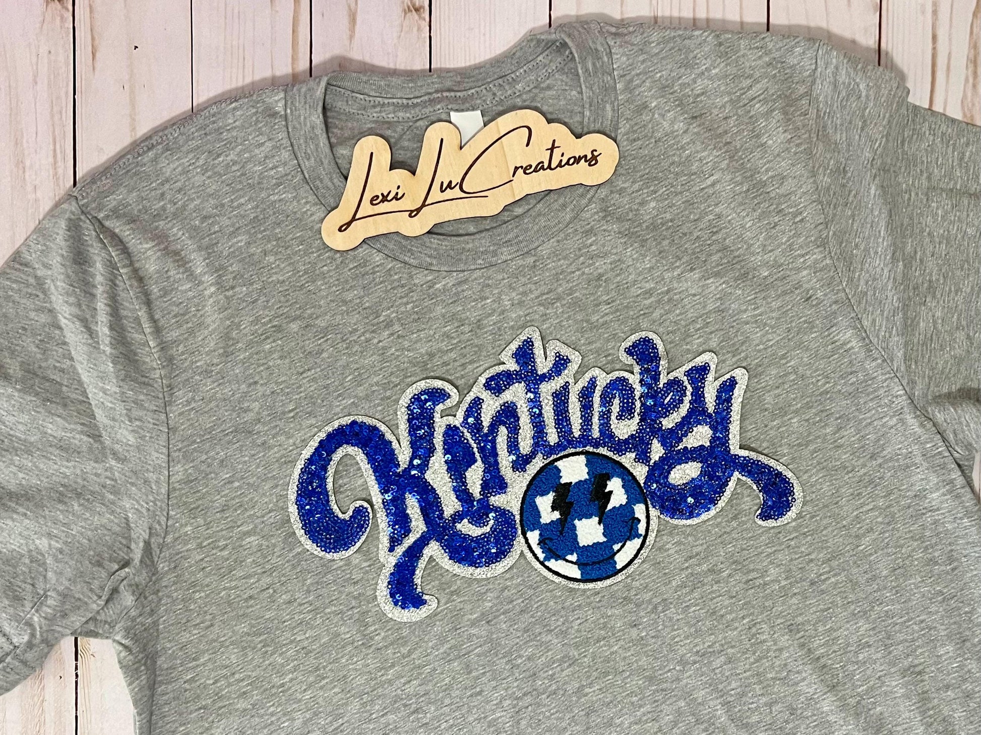 Kentucky Sequin Patch Adult and Youth Shirt | White and Blue Sequin and Chenille Patch | Wildcats | Kentucky | UK
