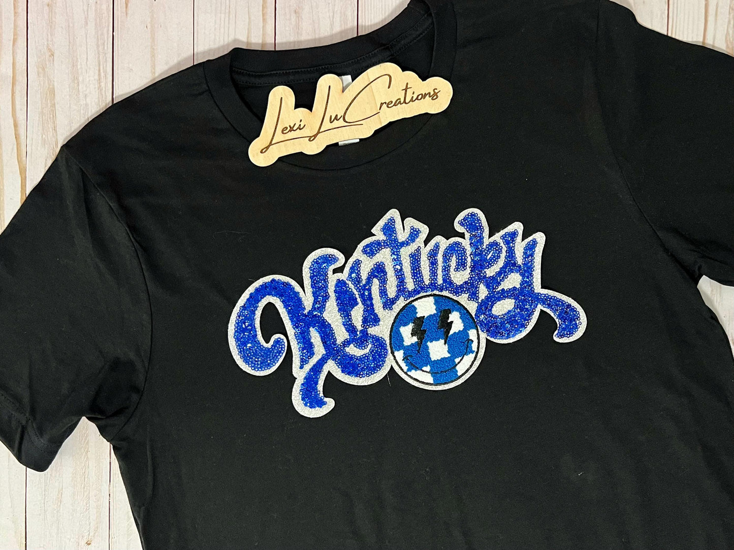 Kentucky Sequin Patch Adult and Youth Shirt | White and Blue Sequin and Chenille Patch | Wildcats | Kentucky | UK