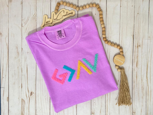 GOD is Greater than the Highs and the Lows EXCLUSIVE Fluffy Patch Shirt | Pink, Blue, Yellow and Teal