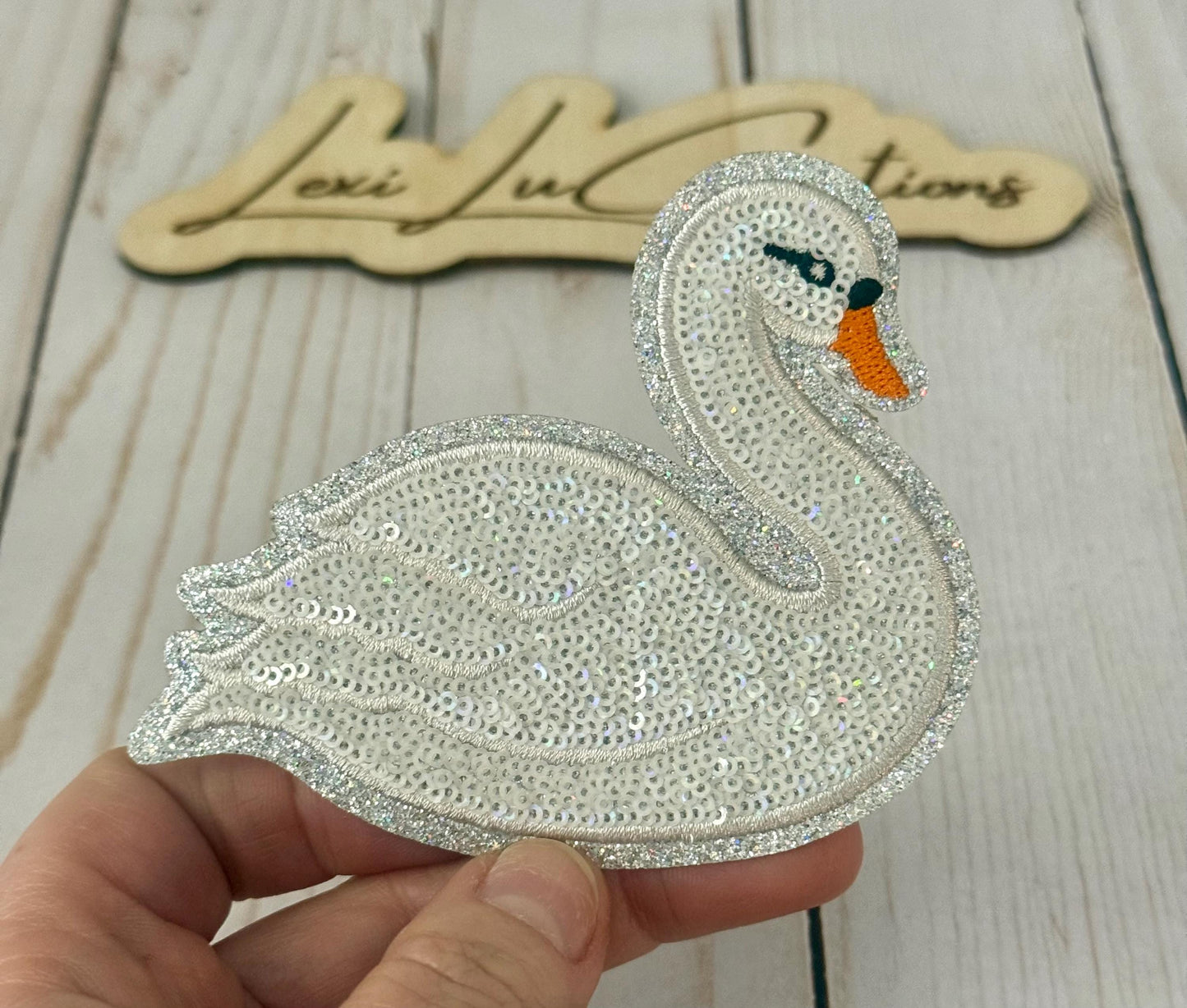 Swan Sequin Iron On Patch | Sparkle Applique | Swimming Swan | White Iridescent