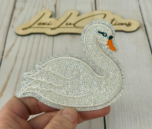 Swan Sequin Iron On Patch | Sparkle Applique | Swimming Swan | White Iridescent