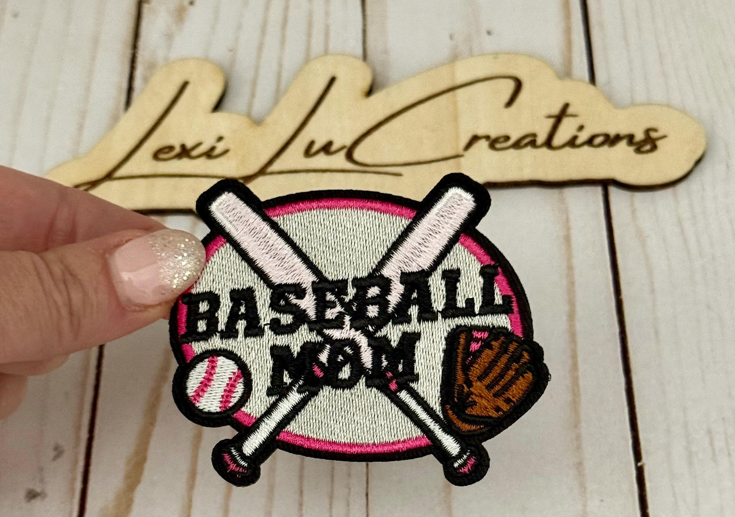 Baseball Mom embroidered Iron On Hat Patch | Pink |