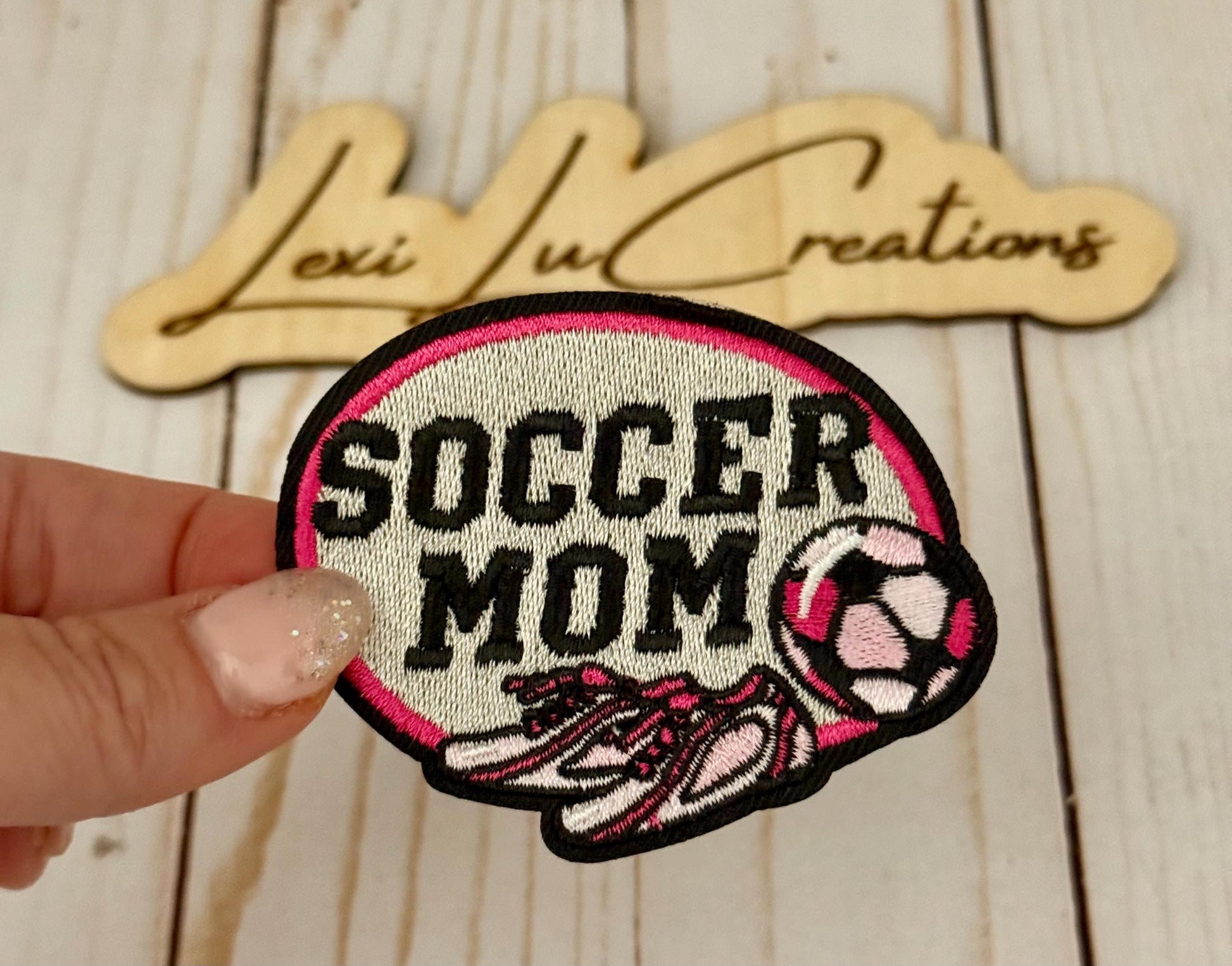 Soccer Mom embroidered Iron On Hat Patch | Pink |