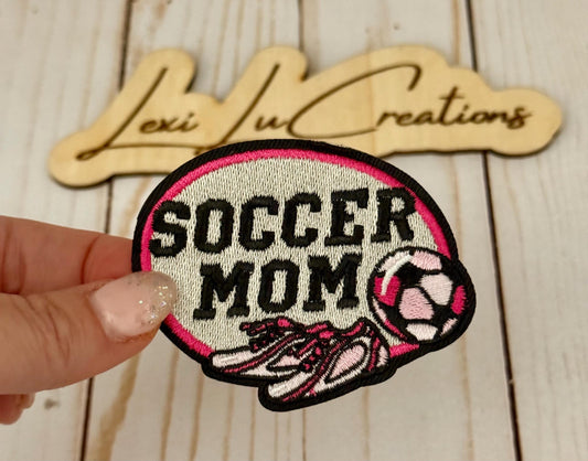 Soccer Mom embroidered Iron On Hat Patch | Pink |