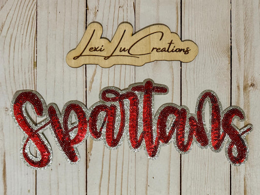 SPARTANS Sequin Iron On Patch | Red Glitter Mascot Applique