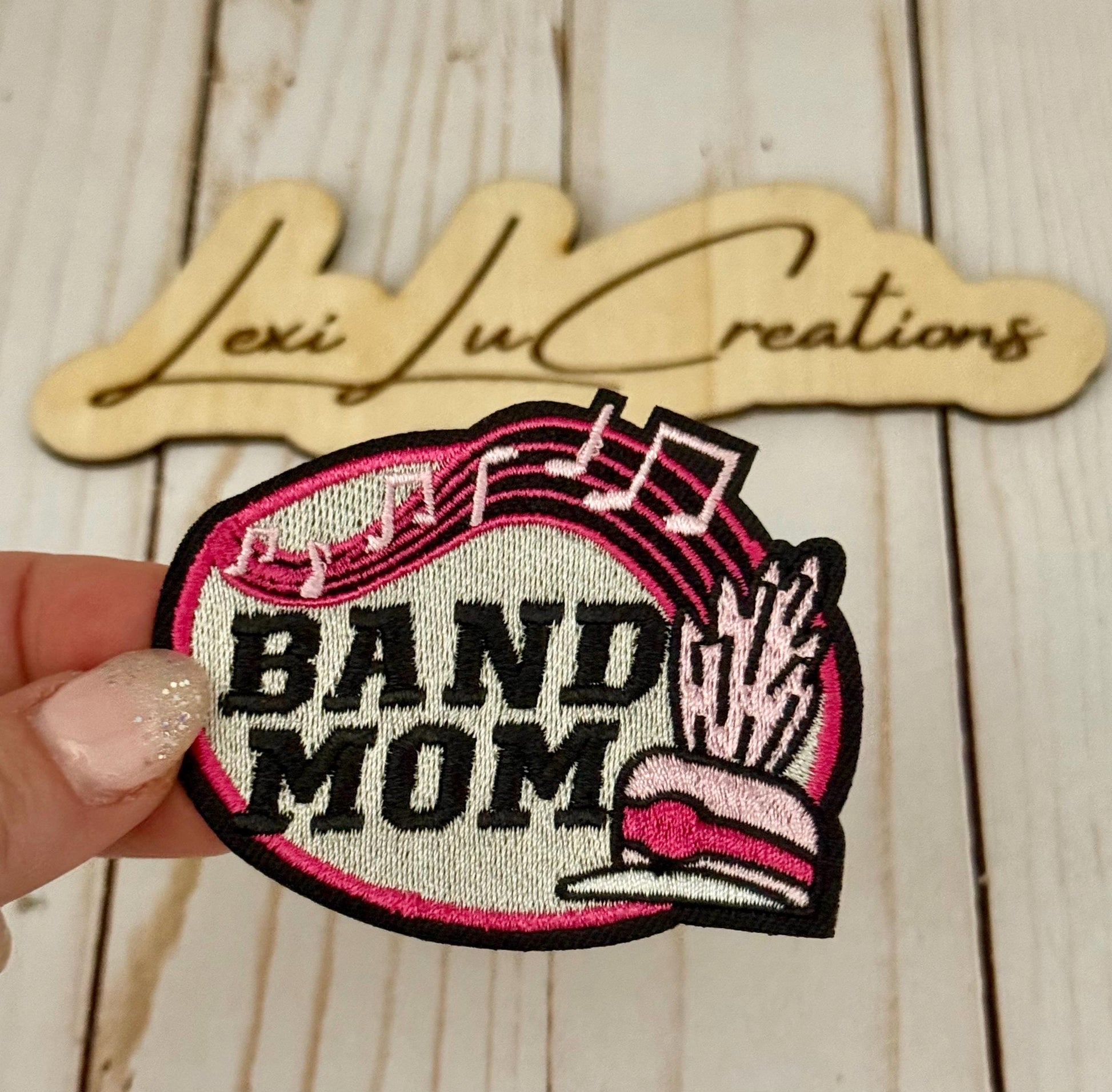 Band Mom embroidered Iron On Hat Patch | Pink |