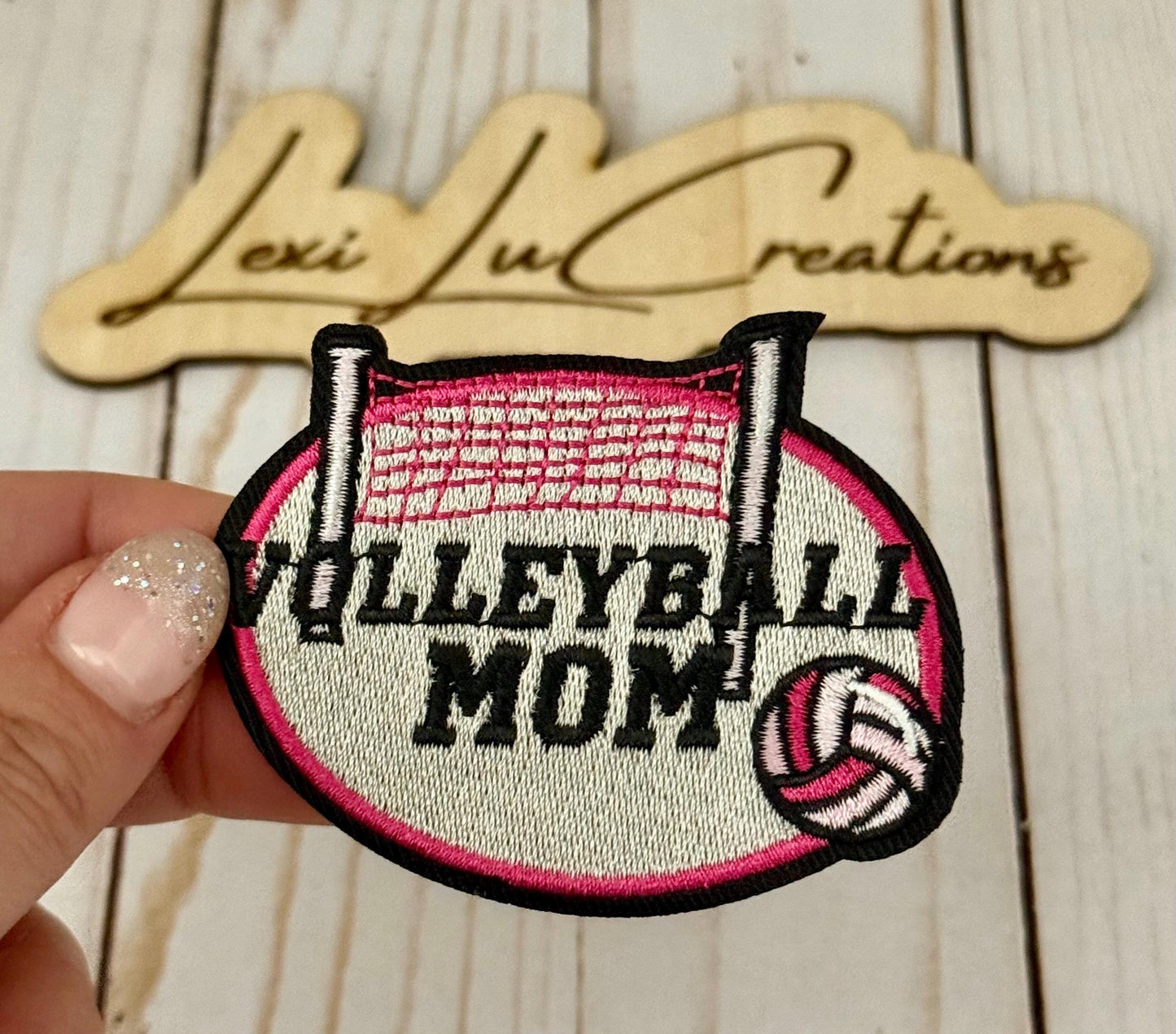 Volleyball Mom embroidered Iron On Hat Patch | Pink |