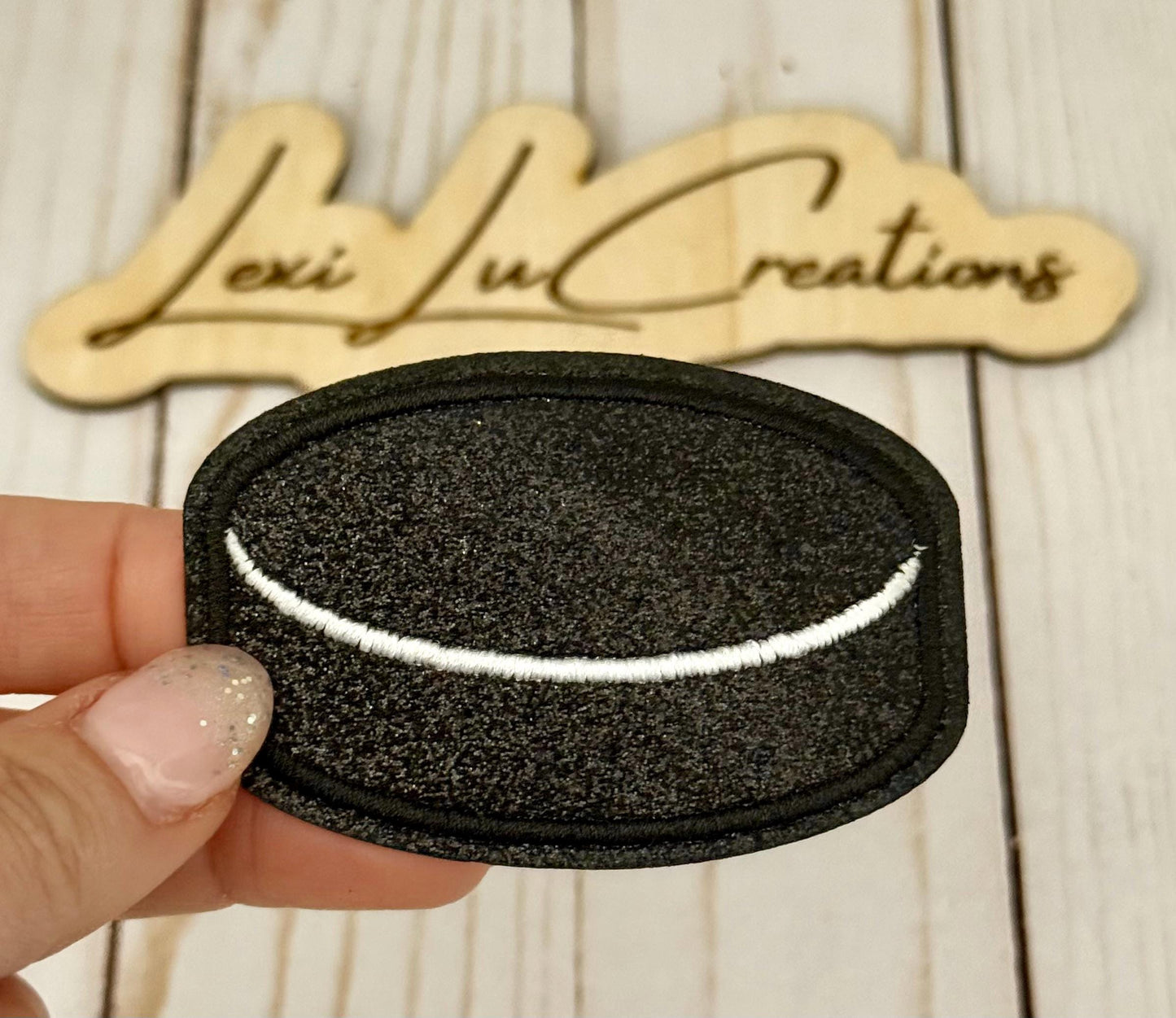 Hockey Puck Glitter and Embroidered Iron On Hat Patch