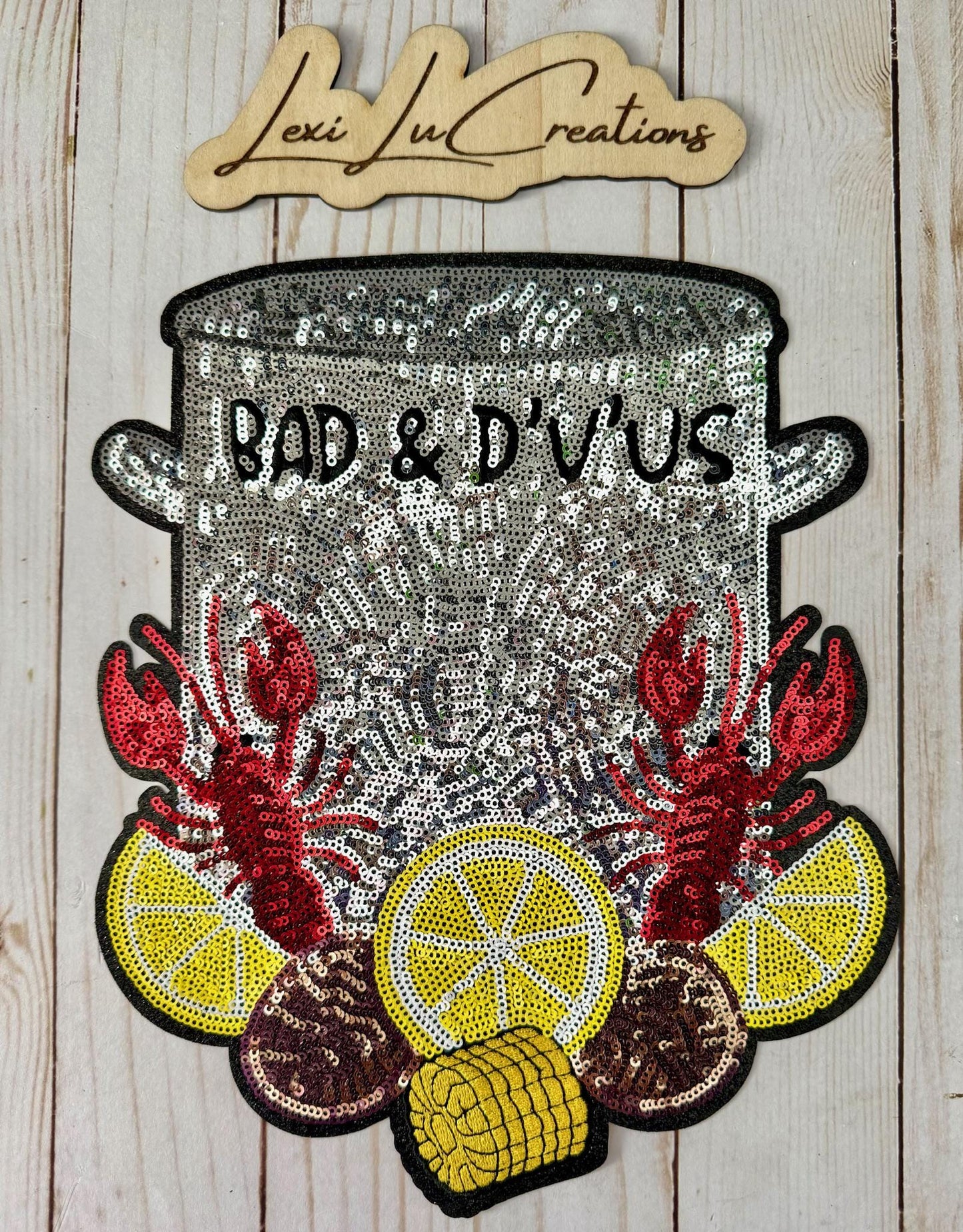 Boil Pot Sequin Patch • Crawfish Boil Iron On Patch • Bad & D'v'Us Patch • Mardi Gras Patch • Louisiana Cajun Patch • Lobster Boil Sequin