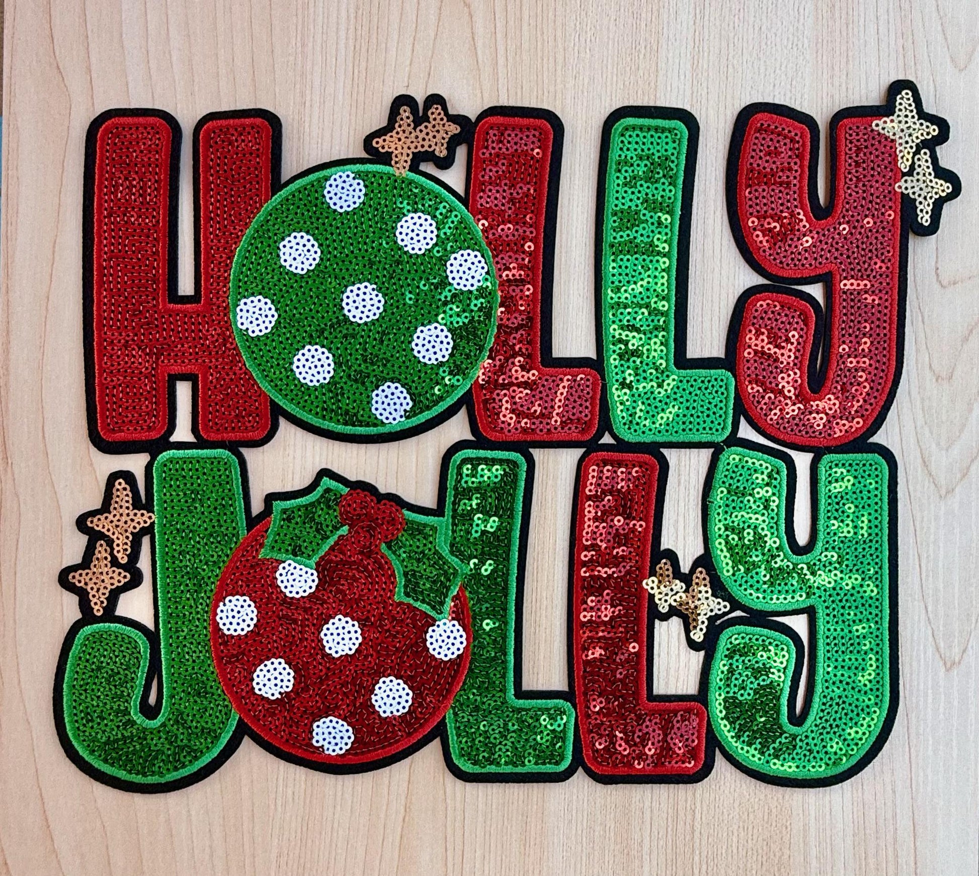 Holly Jolly Green & Red Ornament Patch • Holiday Iron On Patch • Sequin Applique for Shirts