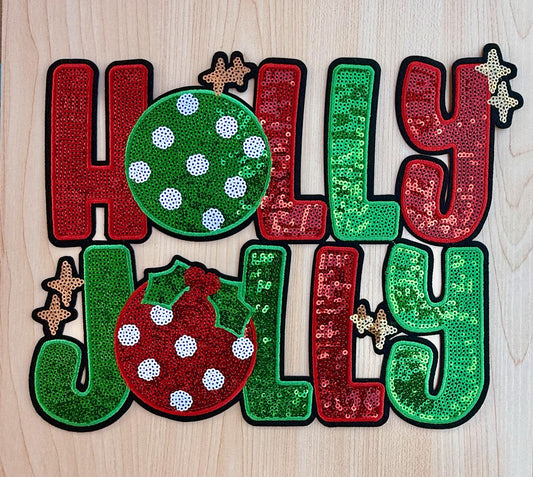 Holly Jolly Green & Red Ornament Patch • Holiday Iron On Patch • Sequin Applique for Shirts