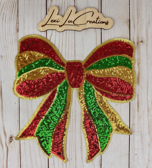 Christmas Bow Patch • Holiday Iron On Patch • Sequin Applique for Shirts