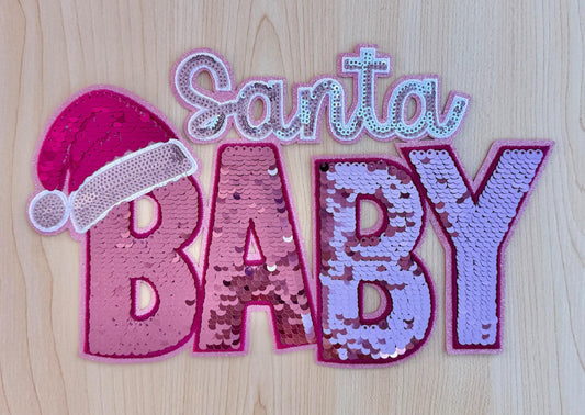 Santa Baby Pink Shirt Patch • Holiday Iron On Patch • Sequin Applique for Shirts