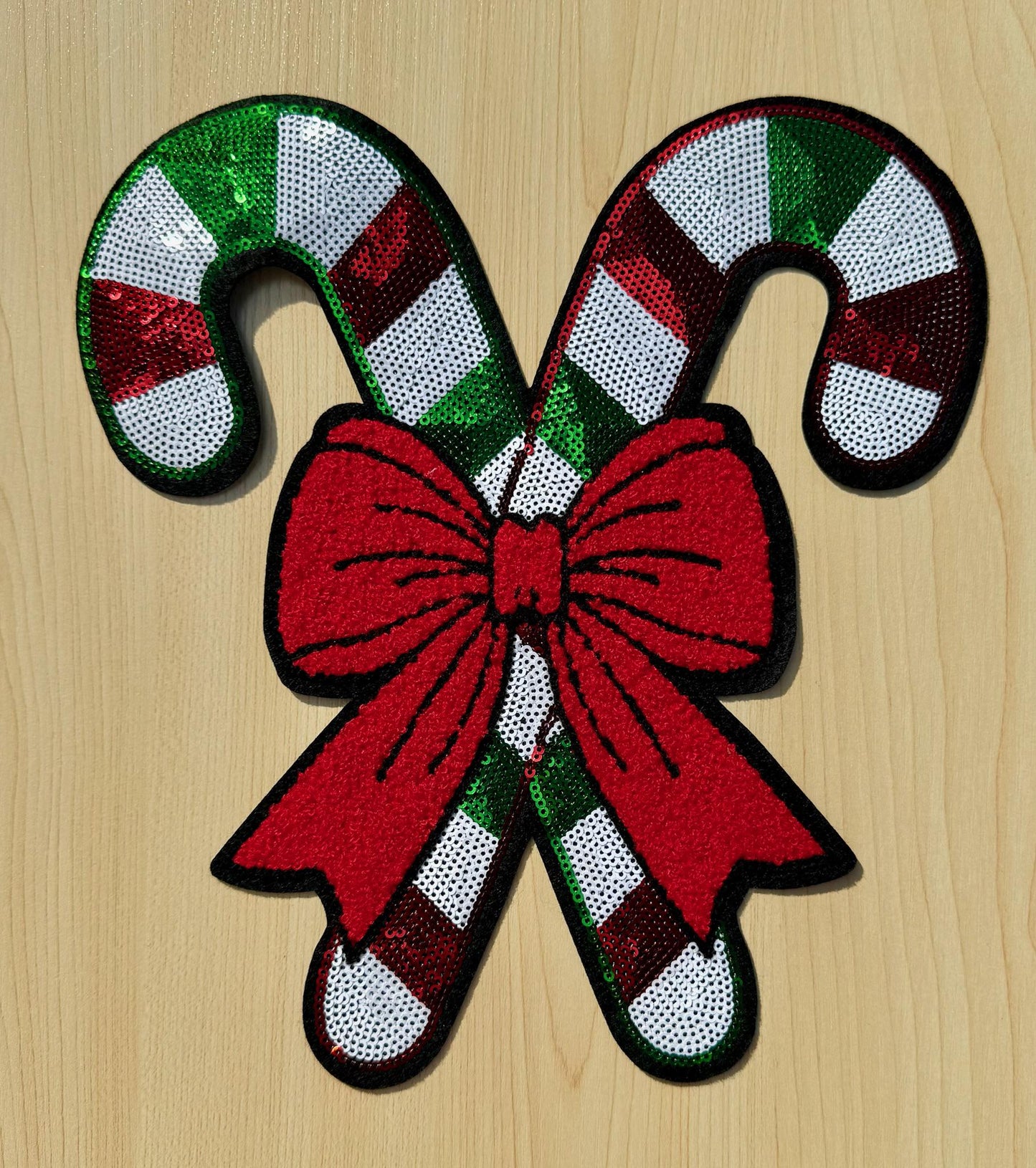 Sequin Candy Cane Patch with Red Bow • Christmas Iron On Patch • Holiday Shirt Applique