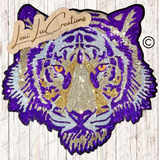 Purple & Gold Tiger Mascot Sequin Patch | Iron On Applique | Game Day Shirt Patch