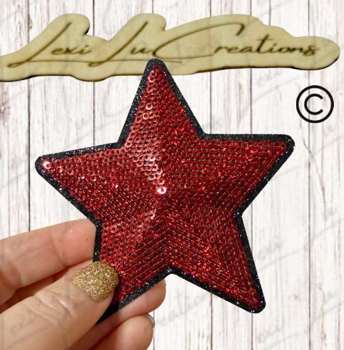 Red Sequin Star Iron On Applique | Glitter Embroidered Star for Jackets Shirts Bags | DIY Costume Accent