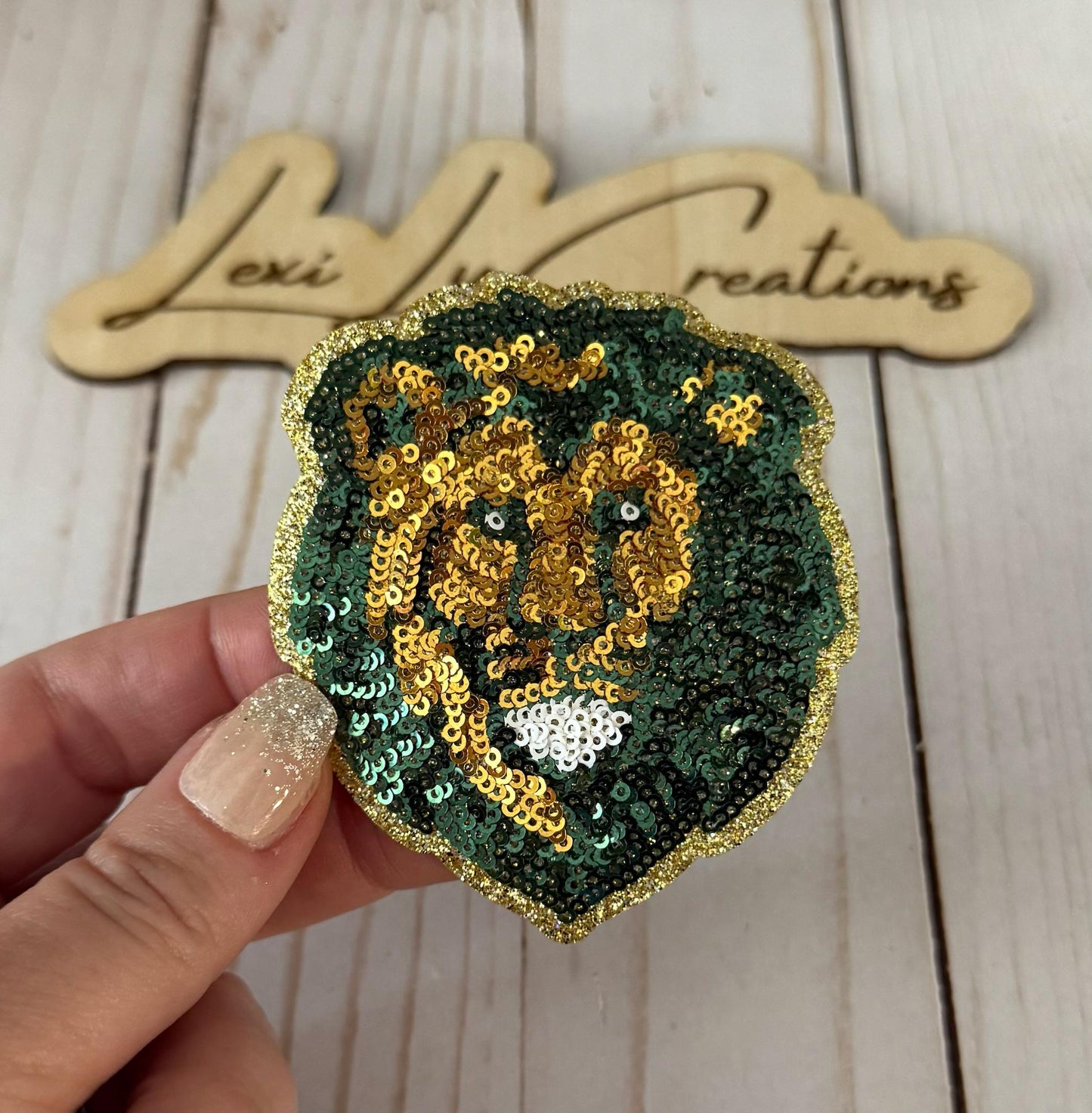 SLU Green & Gold Sequin Lion Hat Patch |Spirit Wear Mascot