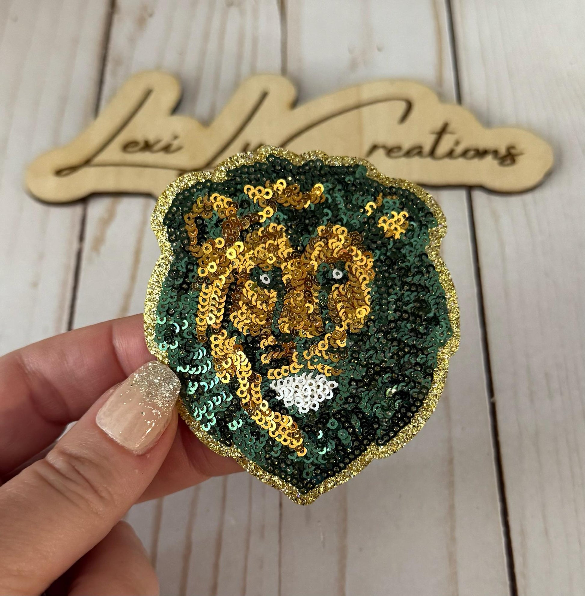 SLU Green & Gold Sequin Lion Hat Patch |Spirit Wear Mascot