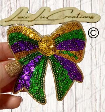 Mardi Gras Bow Sequin Patch Purple Green Gold