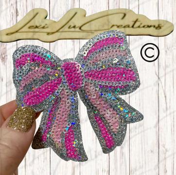 Pink Silver Sequin Bow Patch Sparkly Applique Spiritwear DIY Accessories