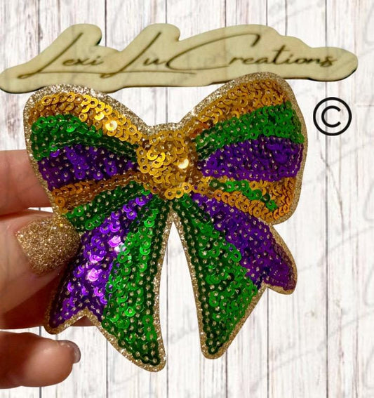 Mardi Gras Bow Sequin Patch Purple Green Gold