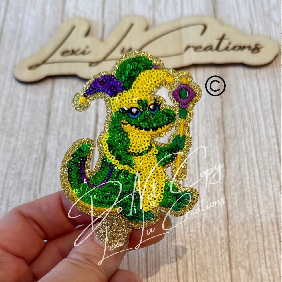 Mardi Gras Jester Alligator Sequin Patch | Iron On Gator Patch | New Orleans Mardi Gras Patch