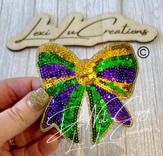 Mardi Gras Bow Sequin Patch Purple Green Gold
