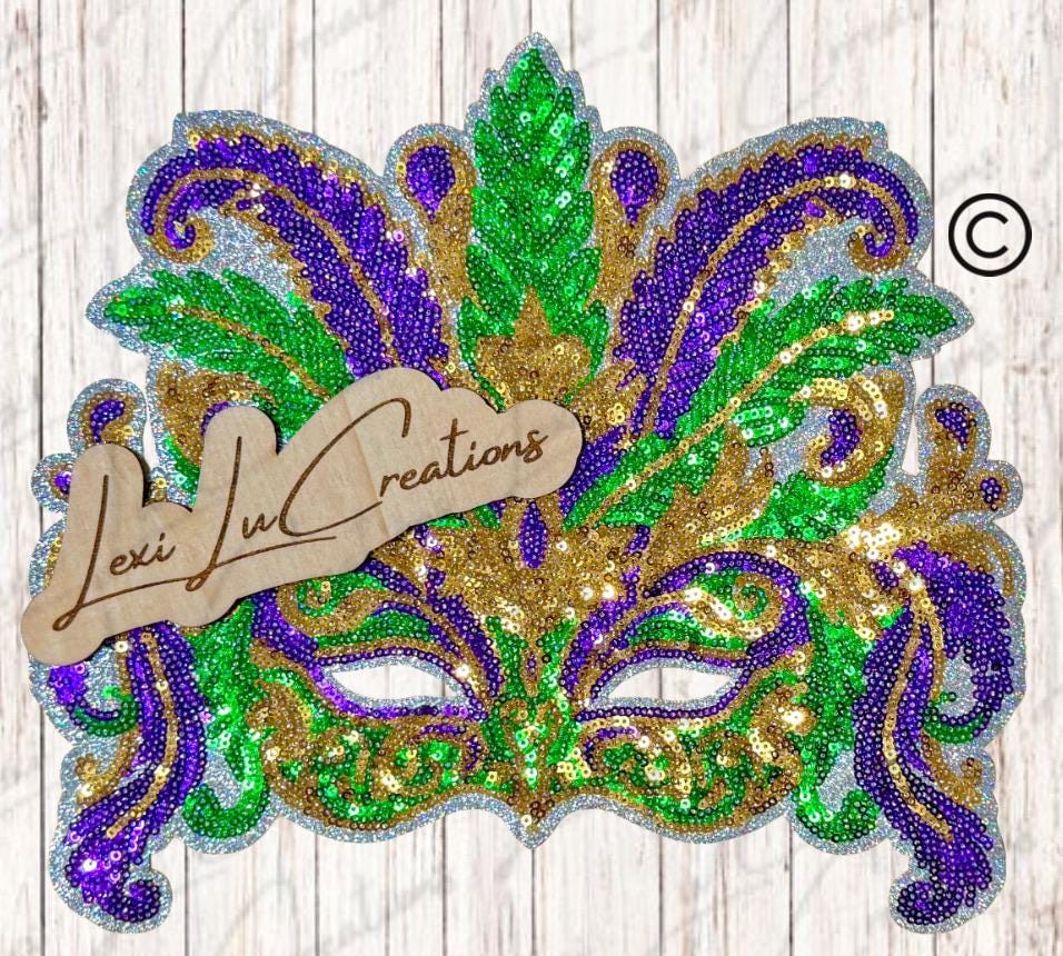 Mardi Gras Mask Sequin Shirt Patch Purple Green Gold Beaded Iron On Applique
