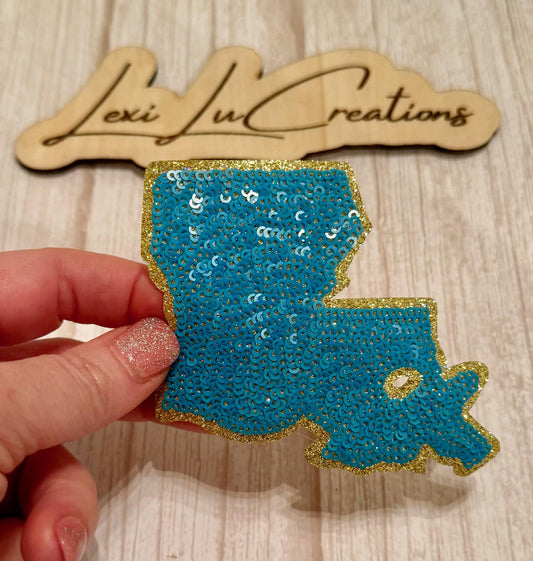 Jaguar Blue & Gold Louisiana Sequin Patch | Iron On State Shape for Jackets Shirts Bags | Southern Spirit