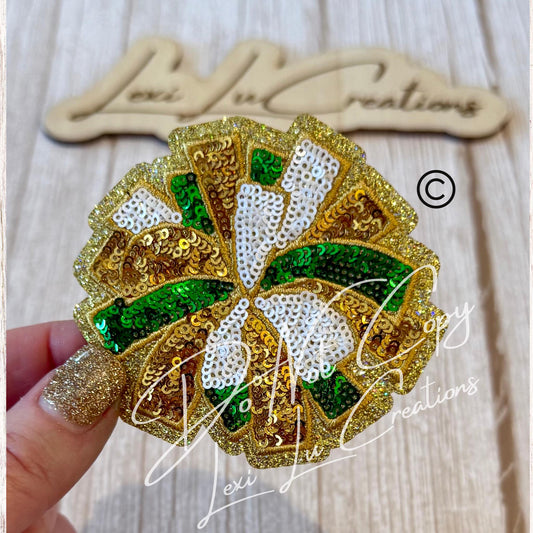 Cheer Pom Pom Patch | Sequin Cheer Patch | Cheerleading Patch | Gold White Green Patch | Shirt Patch